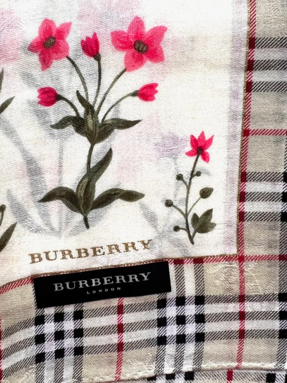 New   Burberry Neck-handker /Mini Scarf 19.5" Cotton Olive Gray Floral Check(77 - Picture 9 of 13